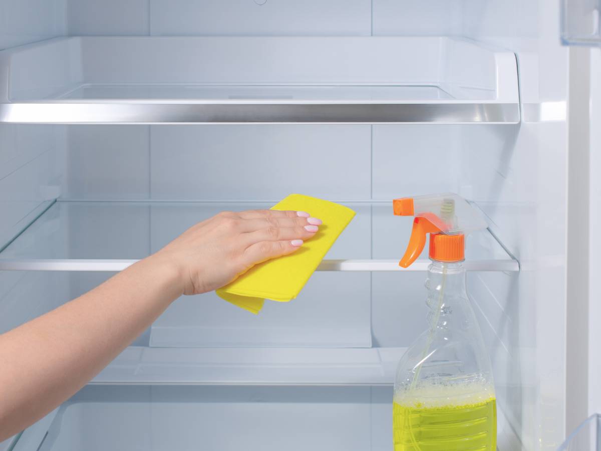 Mycie pólek w lodówce. Obrazek w artykule Jak myć lodówkę? Poradnik krok po kroku jak umyć lodówkę
