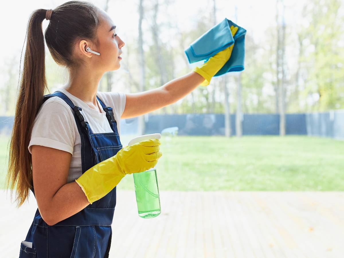 Kobieta myje okno. Obrazek w artykule Jak myć okna bez smug? Sposoby na mycie okien bez smug